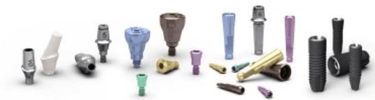 Components of the Astra dental implants Premium system set out on a table