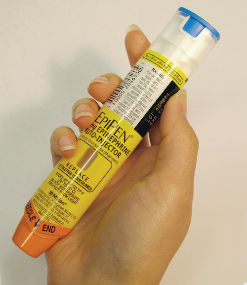 An EpiPen auto-injector being held in a woman's hand An EpiPen auto-injector being held in a woman's hand